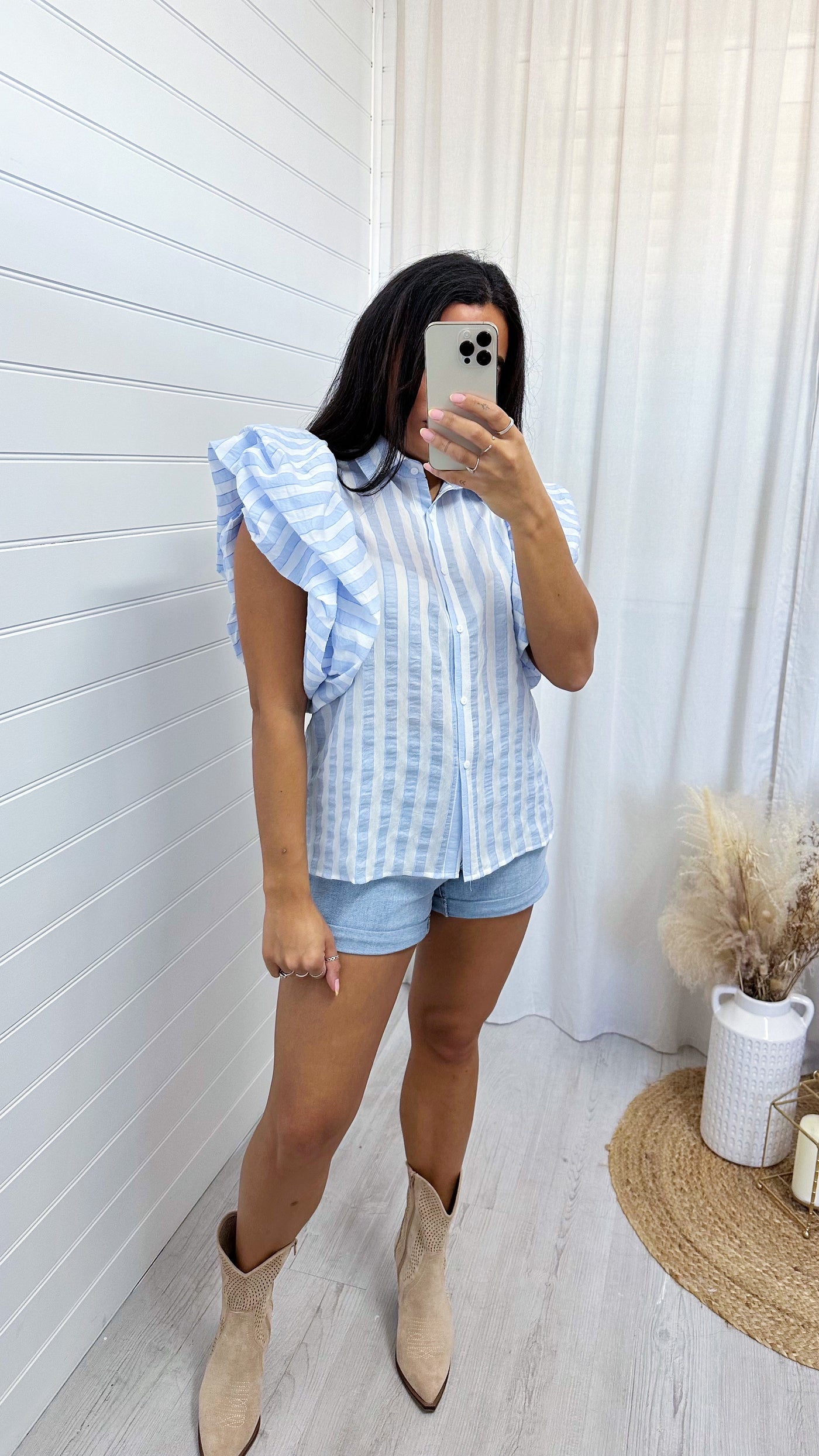 Pinstripe Frill Shoulder Shirt - BLUE