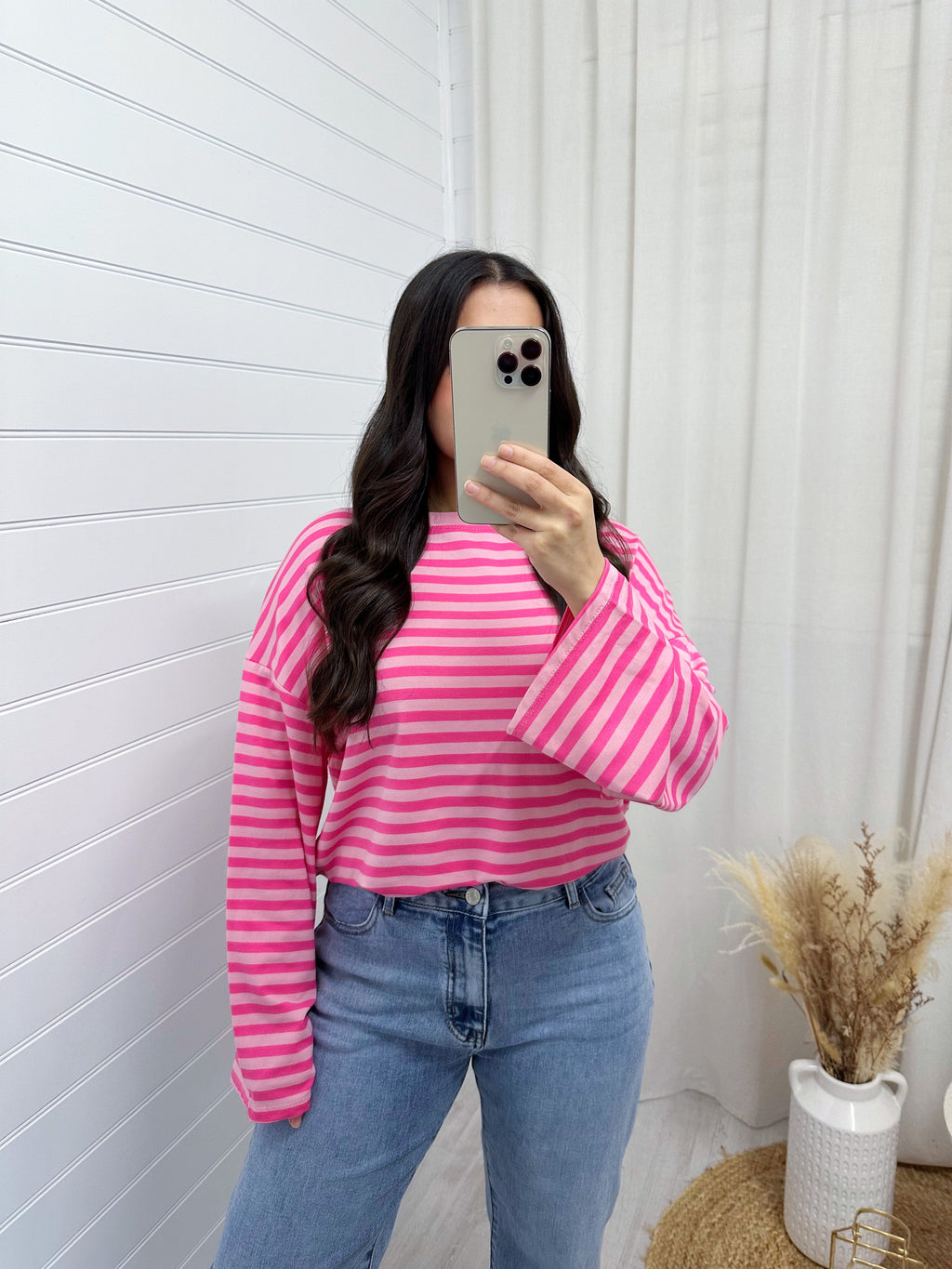 Baggy Stripe Long Sleeve T-Shirt - BABY PINK/CANDY PINK