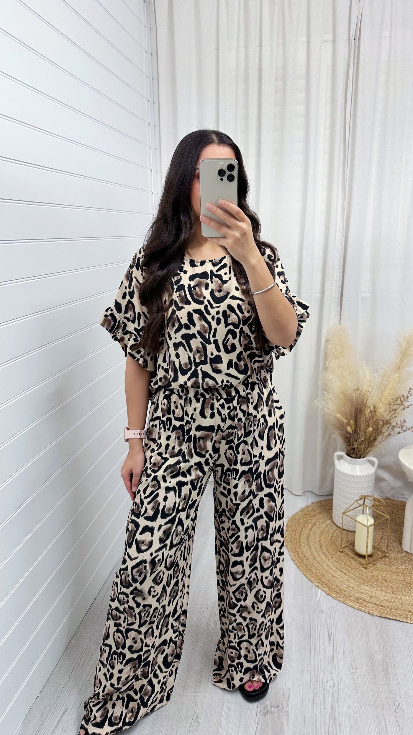 Leopard Print Top and Wide Leg Trousers - LIGHT BEIGE