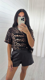 Leopard Print Button Front T-Shirt - BROWN/BLACK