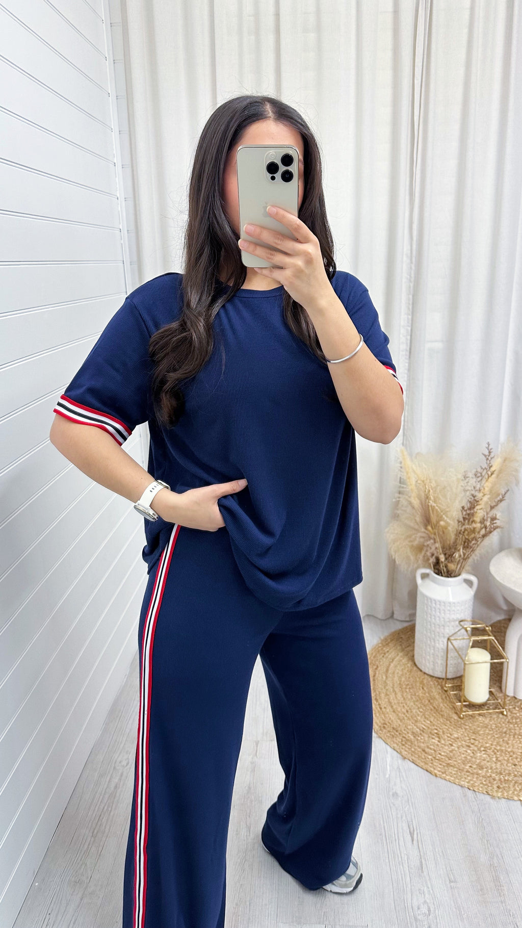 Soft Ribbed Side Strip T-Shirt and Trousers Co-Ord - NAVY