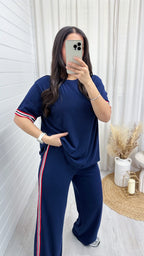 Soft Ribbed Side Strip T-Shirt and Trousers Co-Ord - NAVY
