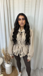 Puff Ball Tie-Waist Trench Jacket - BEIGE