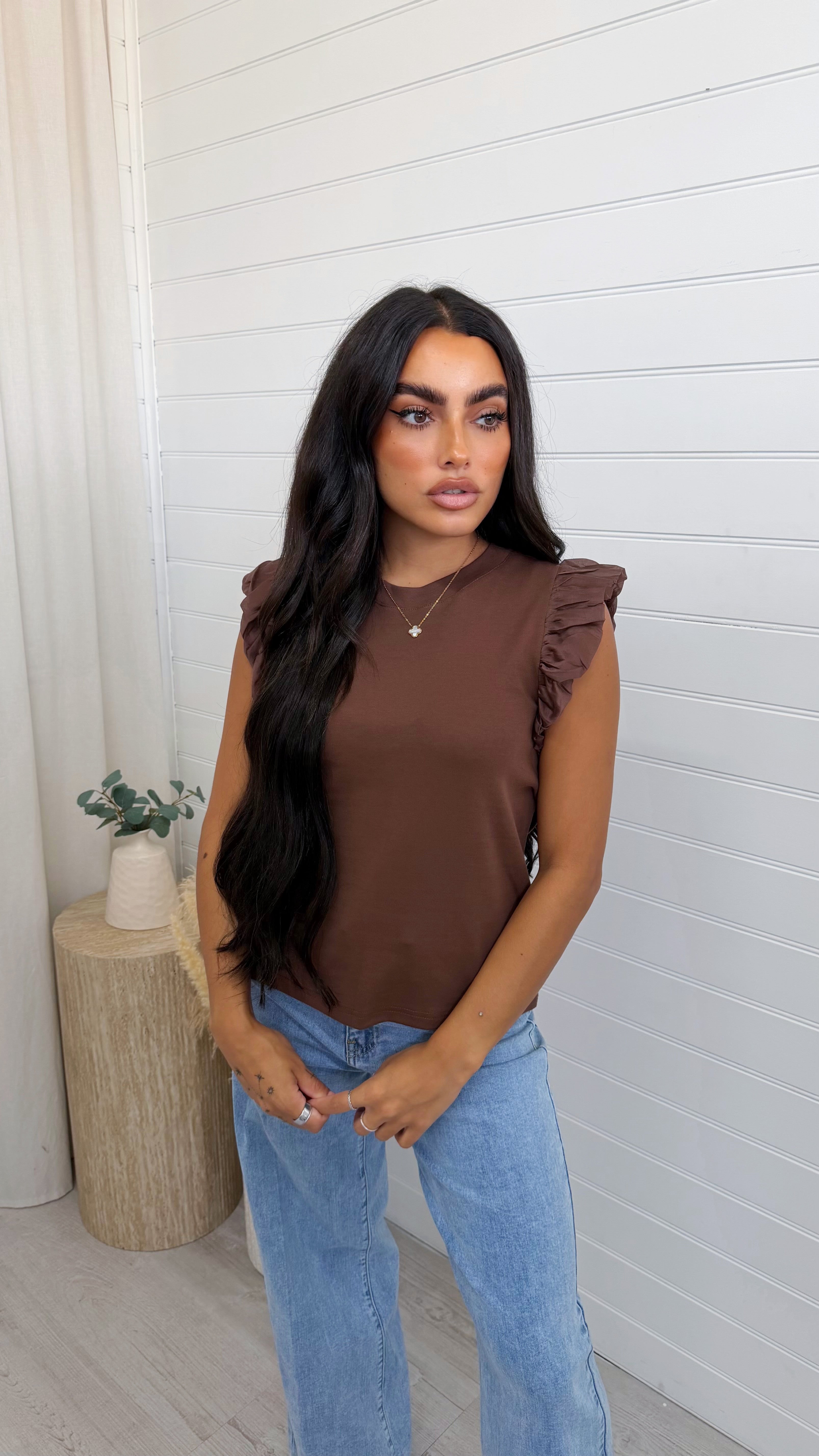Tulle Sleeve Vest Top - BROWN