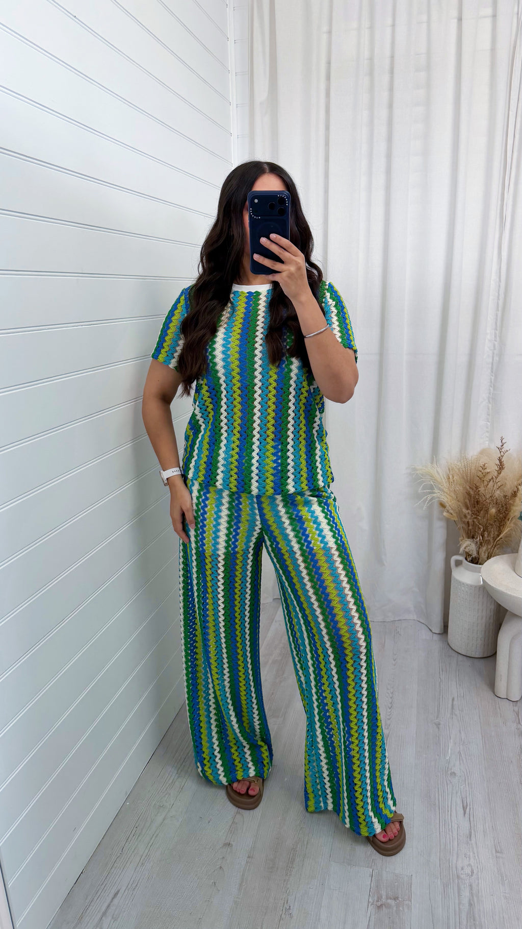 Zig Zag Crochet T-Shirt and Trousers Co-Ord - BLUE/GREEN