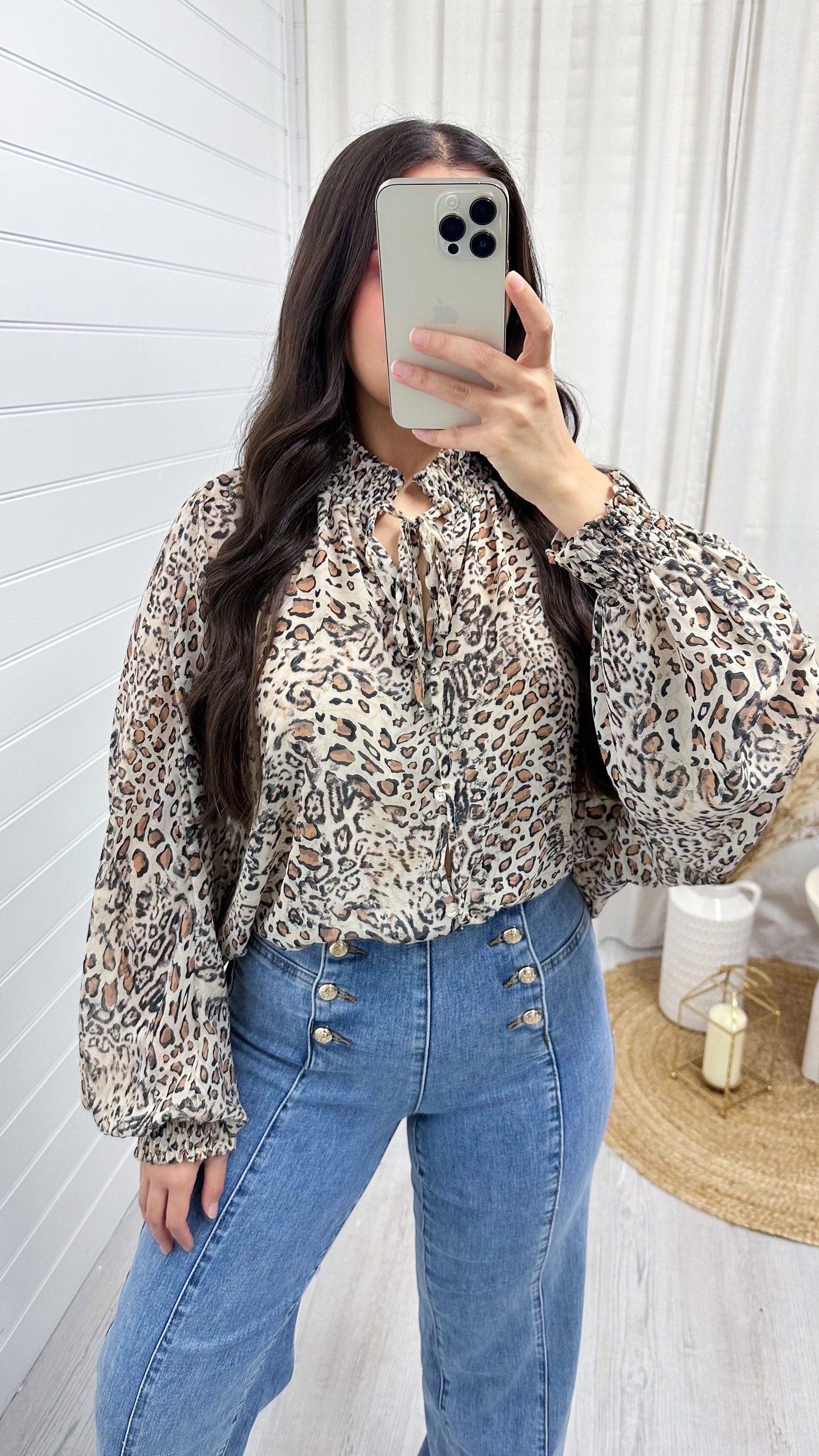 Shirred Collar Animal Print Balloon Sleeve Blouse - LEOPARD PRINT