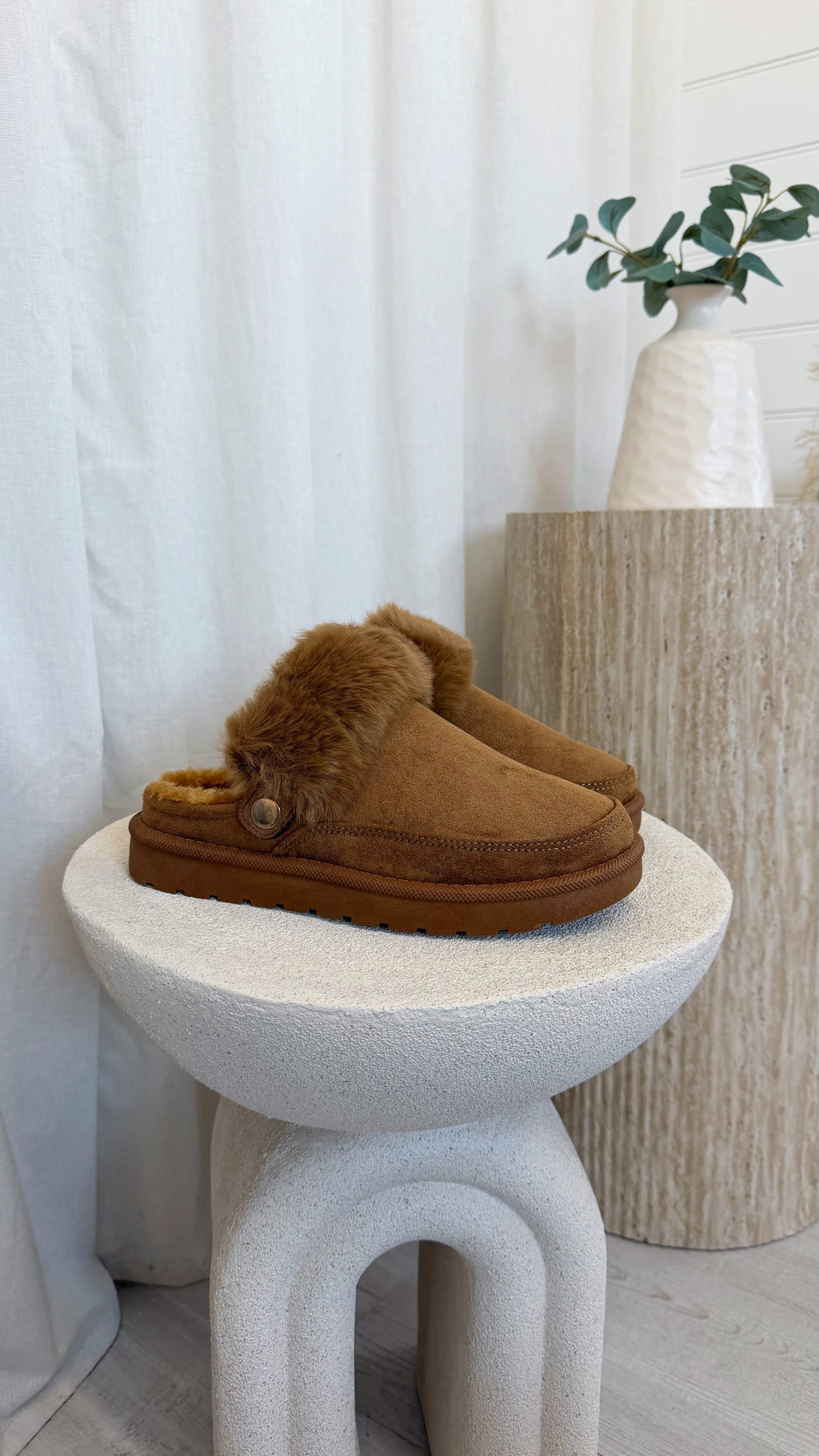 Faux Fur Strap Mule - CHESTNUT