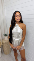 Halter Neck Backless Sequin Top - CREAM