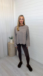 Relaxed Long Sleeve Stripe T-Shirt - CREAM/BROWN