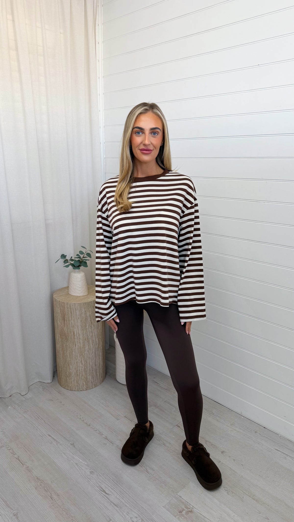 Relaxed Long Sleeve Stripe T-Shirt - CREAM/BROWN