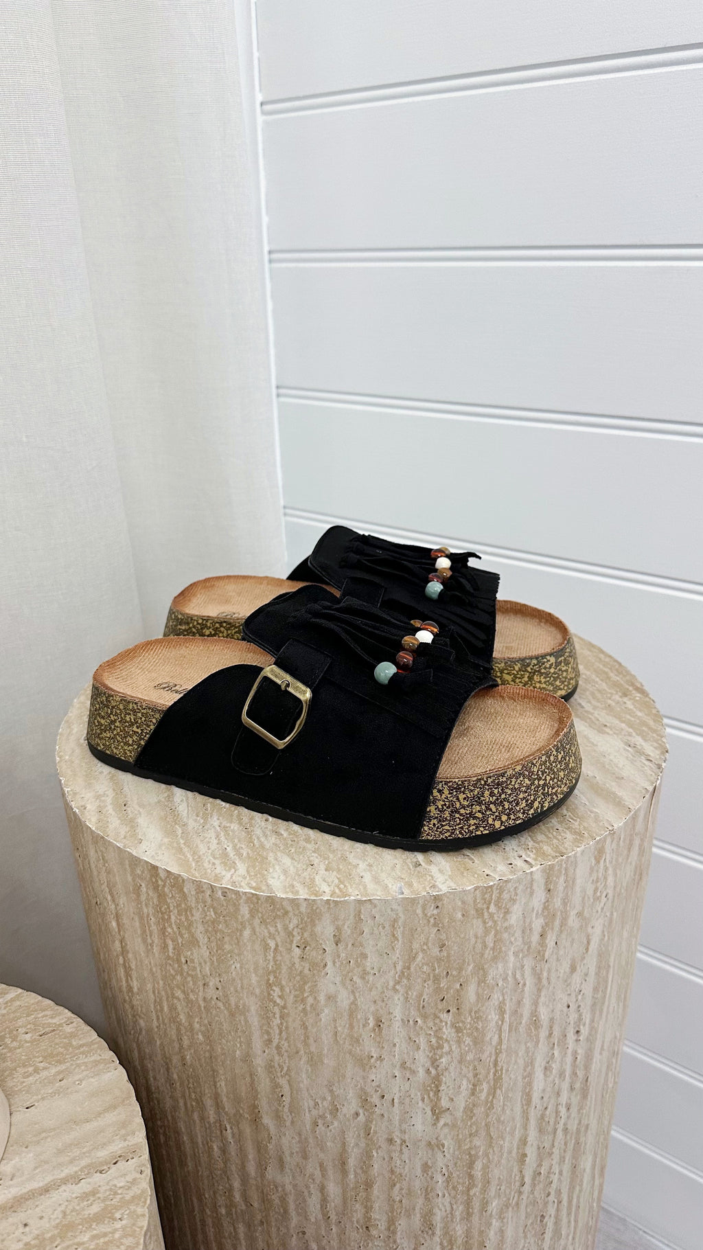 Beaded Suede Fringe Sliders - BLACK