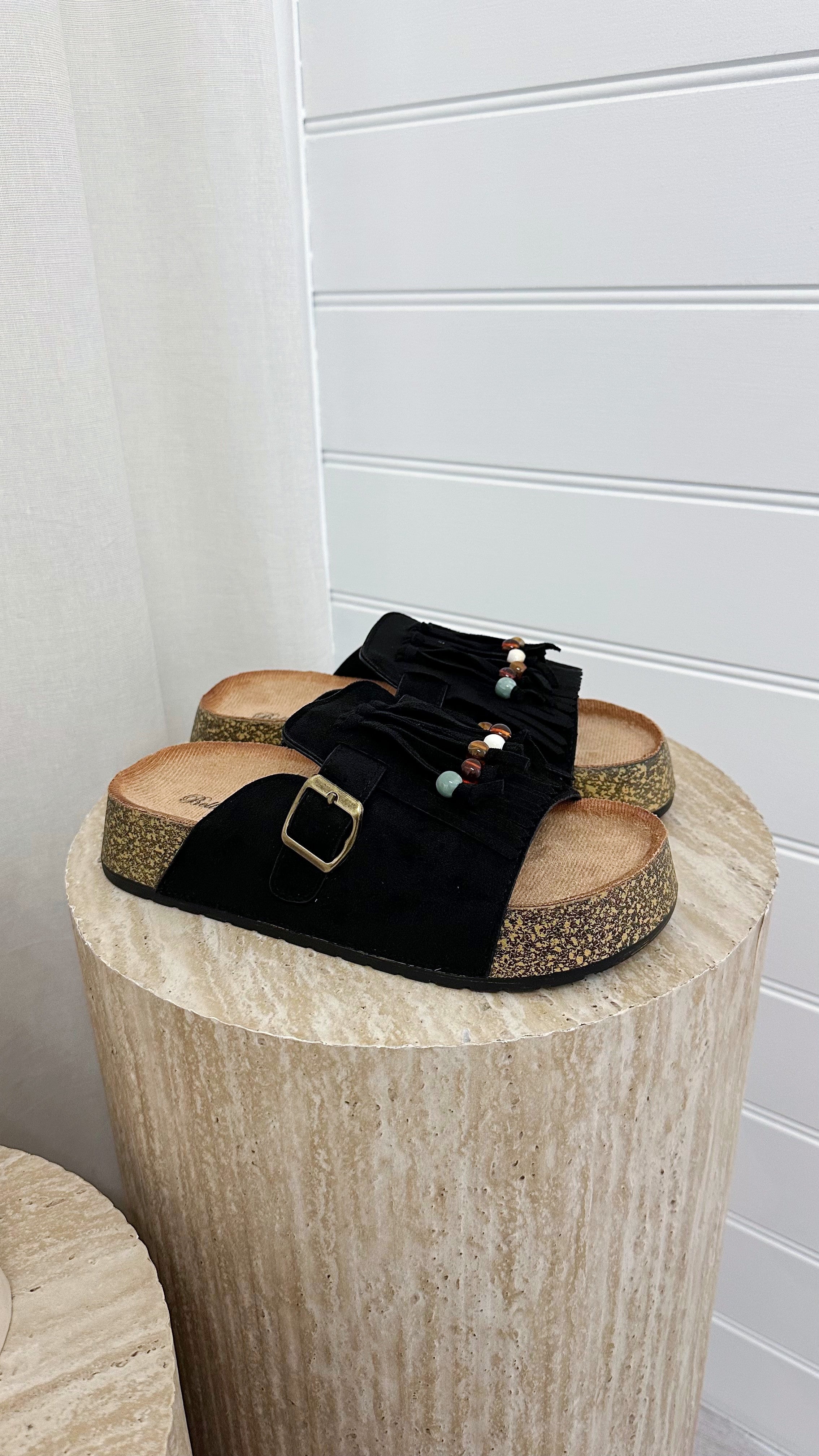 Beaded Suede Fringe Sliders - BLACK