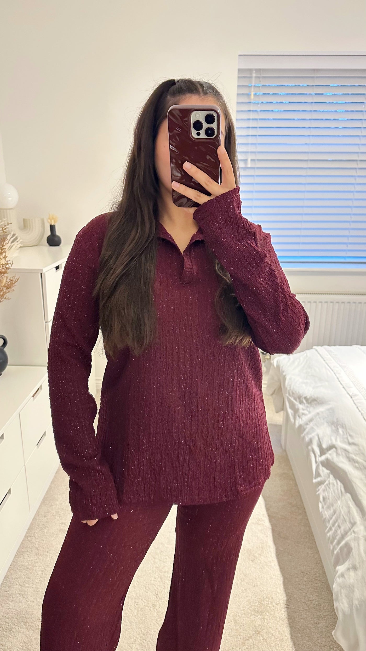 Textured Shimmer V Neck Top and Trousers Co-Ord - WINE