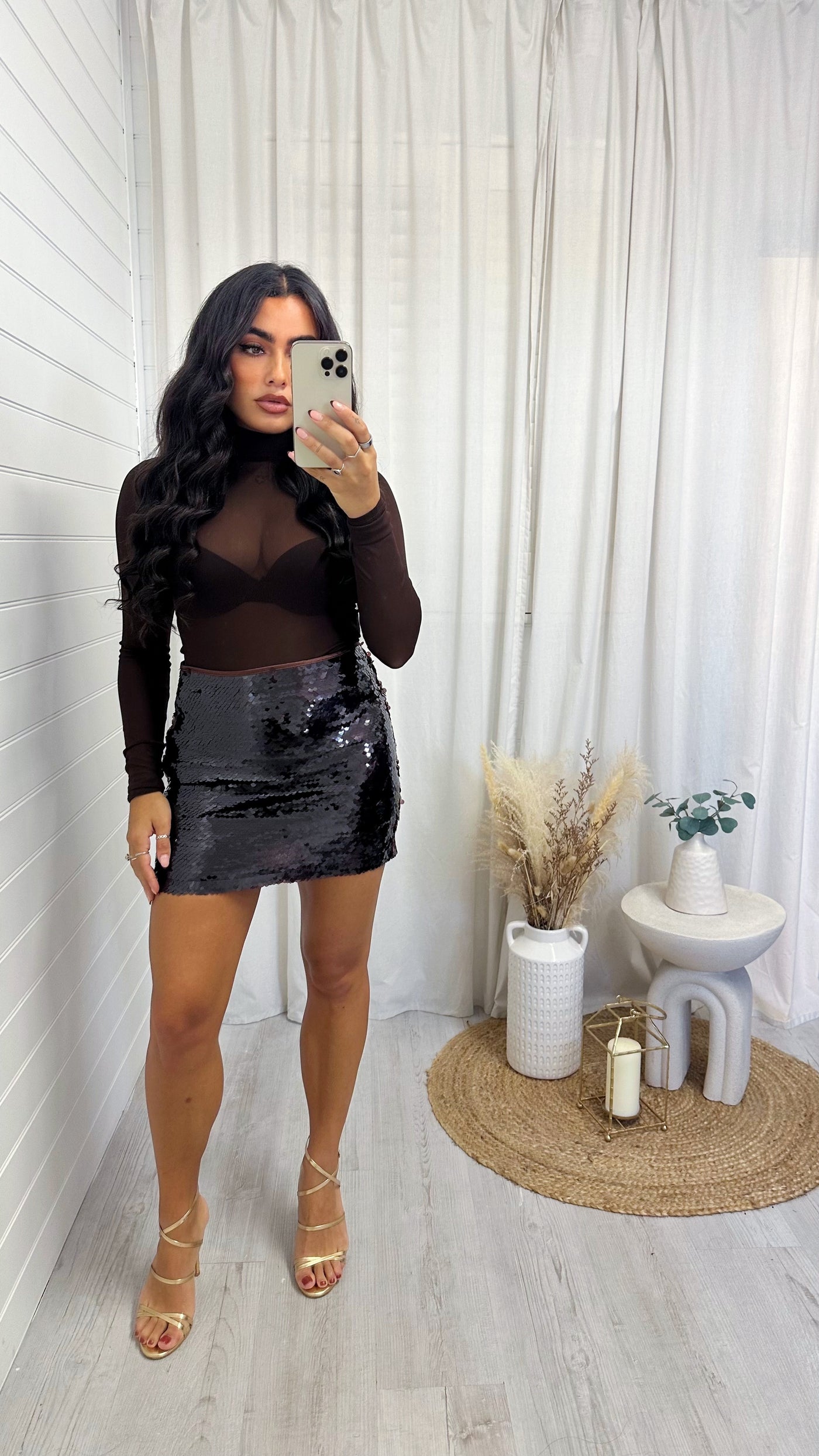 High Shine Sequin Mini Skirt - BROWN