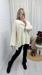Fine Knitted Gold Button Oversized Jumper - CREAM