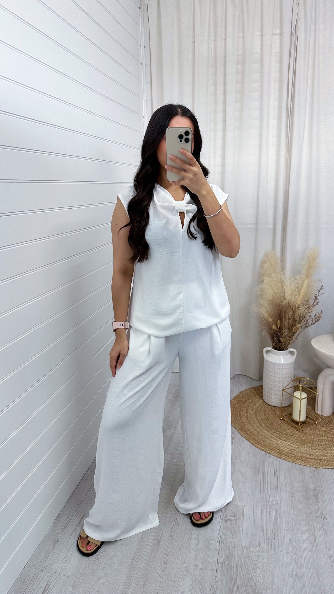 Sleeveless Bow Top and Wide Leg Trousers Co-Ord - WHITE