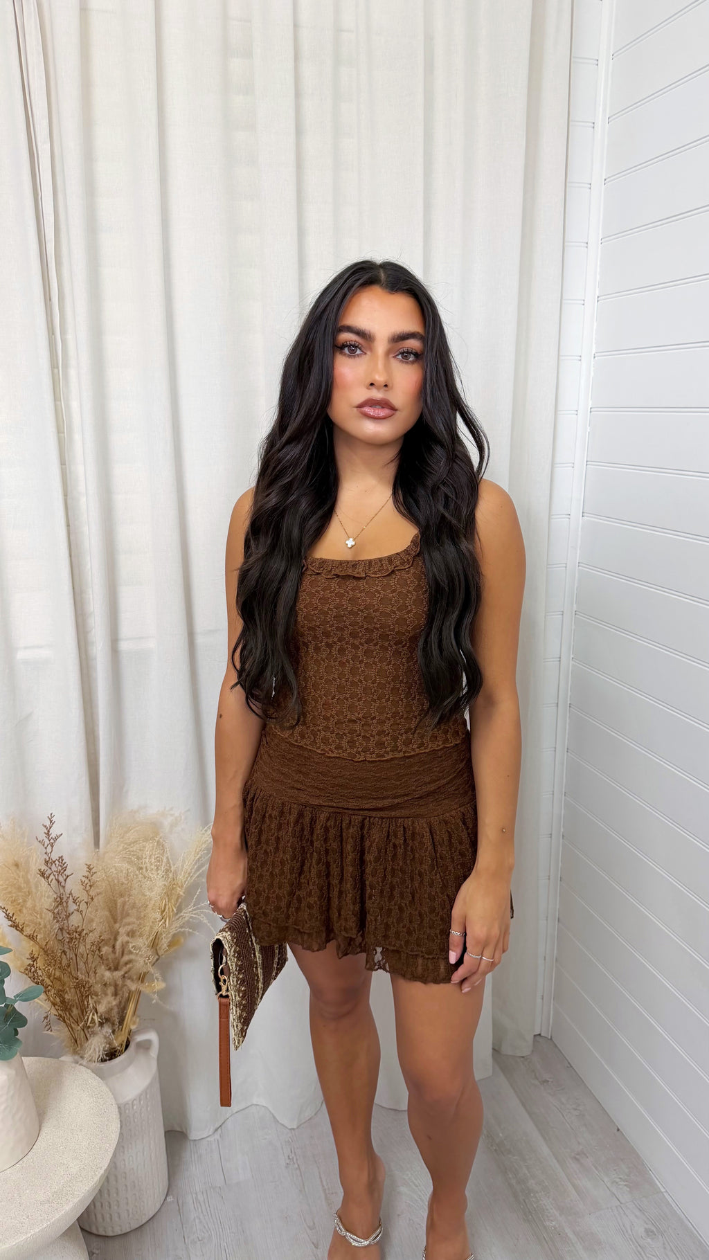 Lace Crop Top and Skirt Co-Ord - BROWN