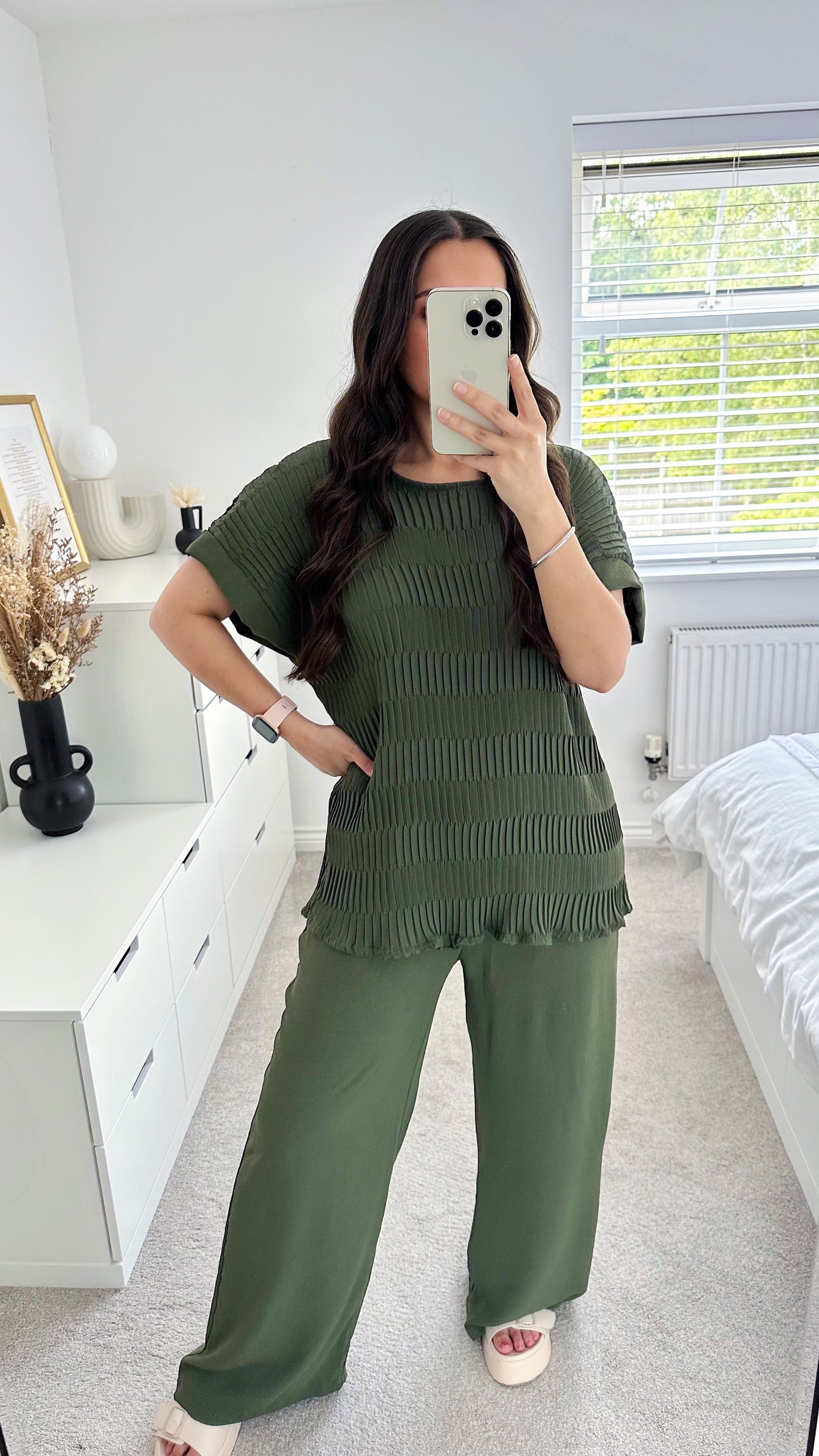 Crinkle Pleated Top and Wide Leg Trousers Co-Ord - KHAKI