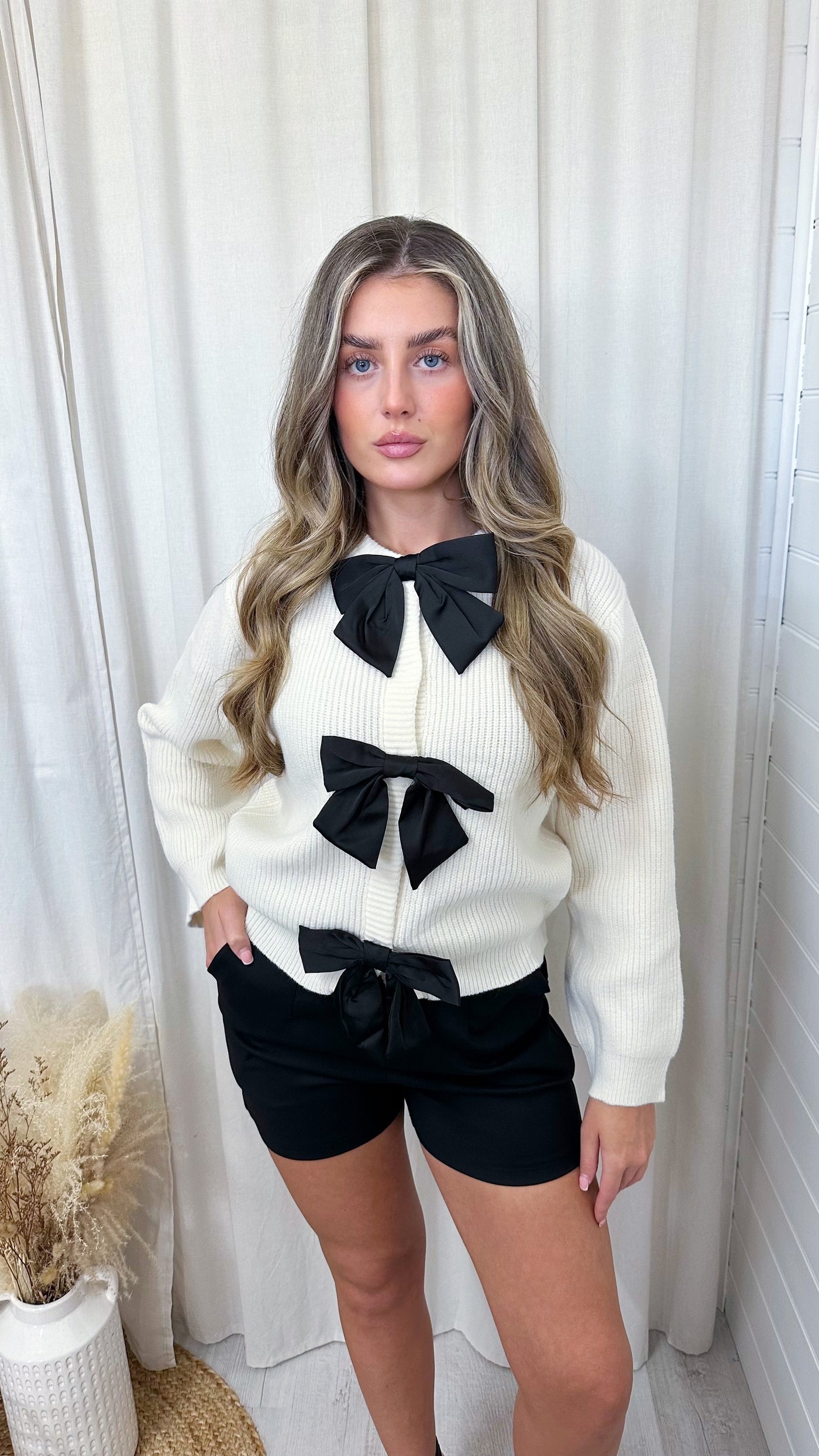 Woollen Mini Bow Cardigan - CREAM