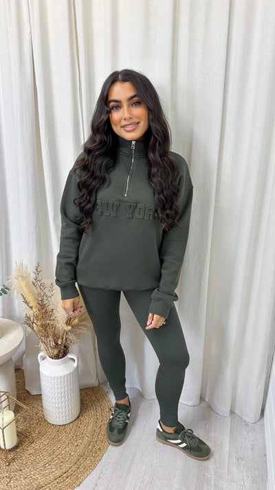 New York Embossed Half Zip Sweatshirt - KHAKI