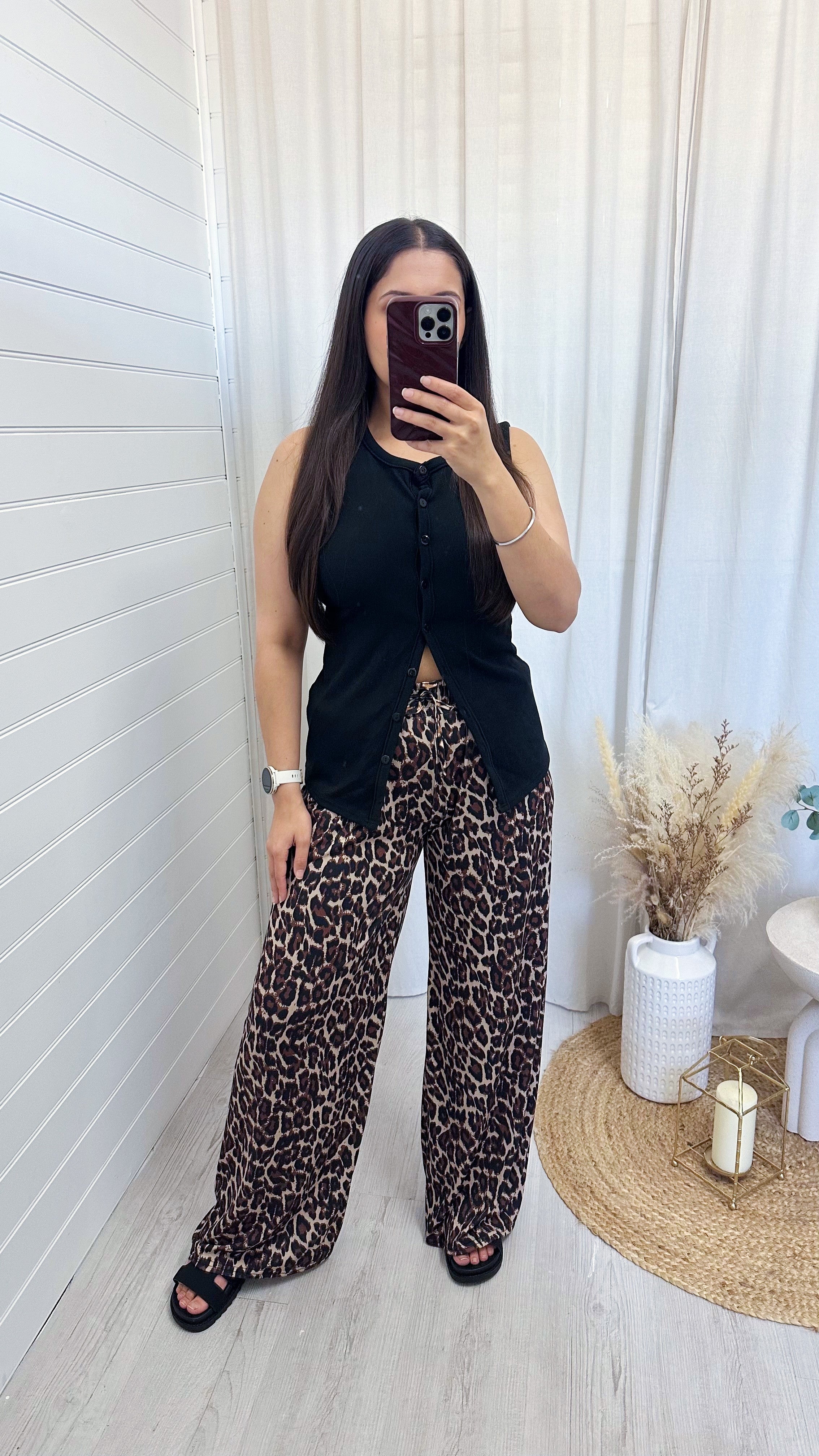 Stretchy Wide Leg Leopard Print Trousers - DARK LEOPARD