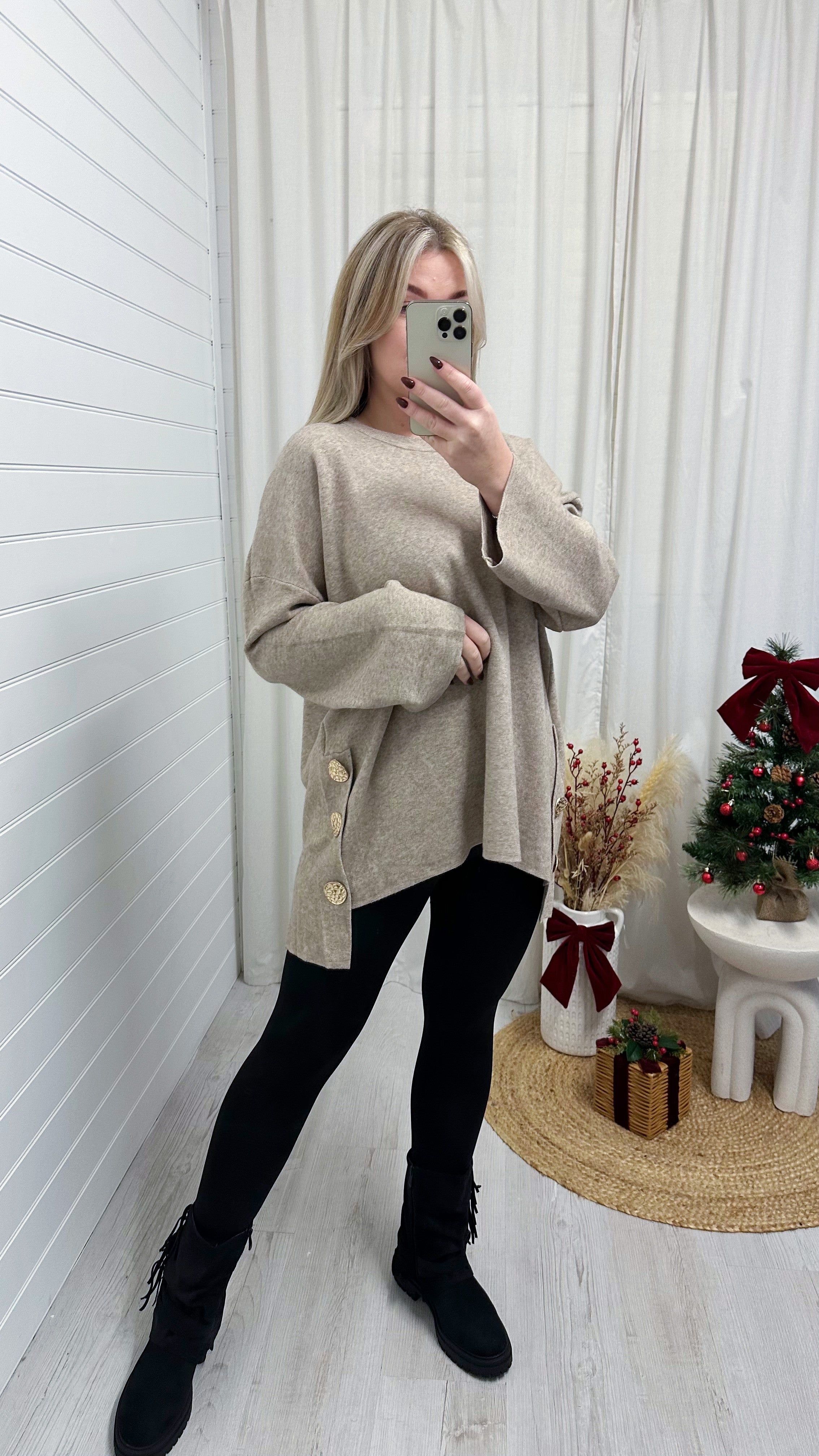 Fine Knitted Gold Button Oversized Jumper - MOCHA