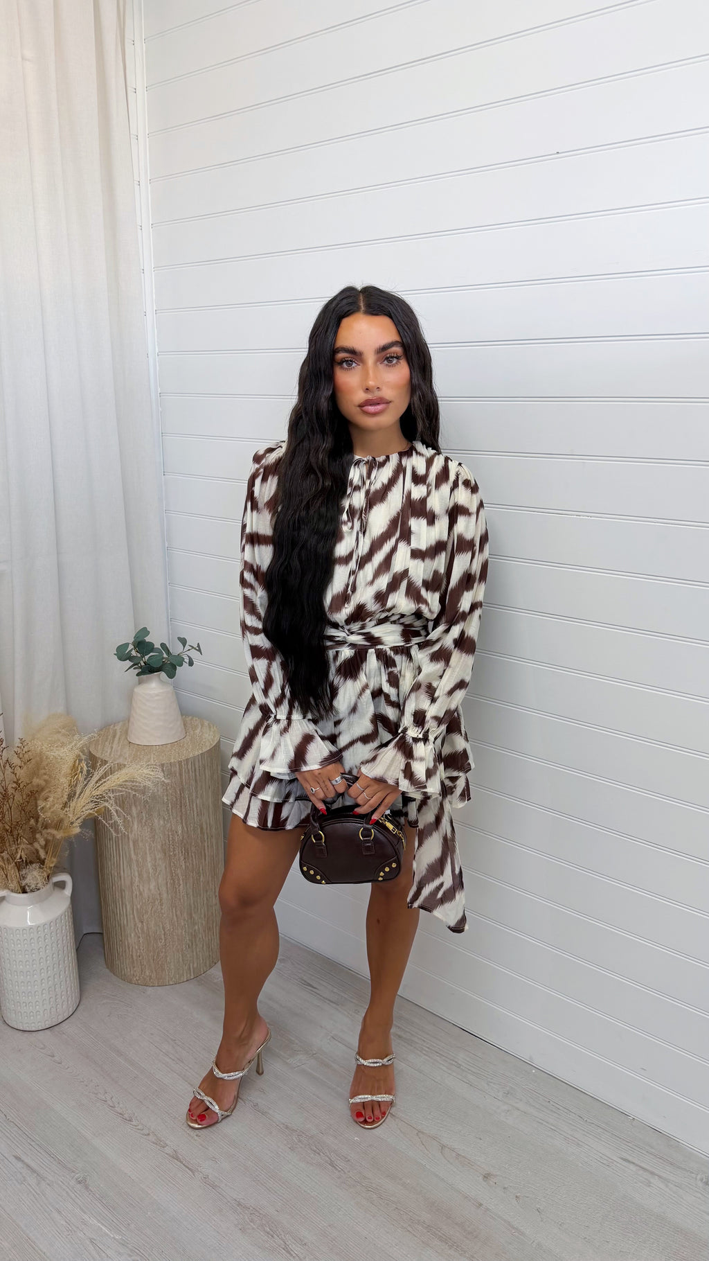 Abstract Print Tie Waist Dress - BROWN