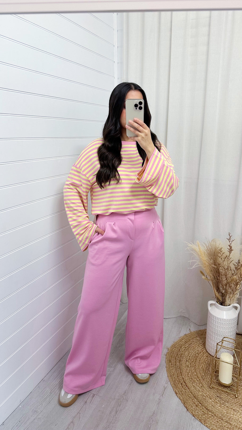 Baggy Stripe Long Sleeve T-Shirt - BABY PINK/LEMON