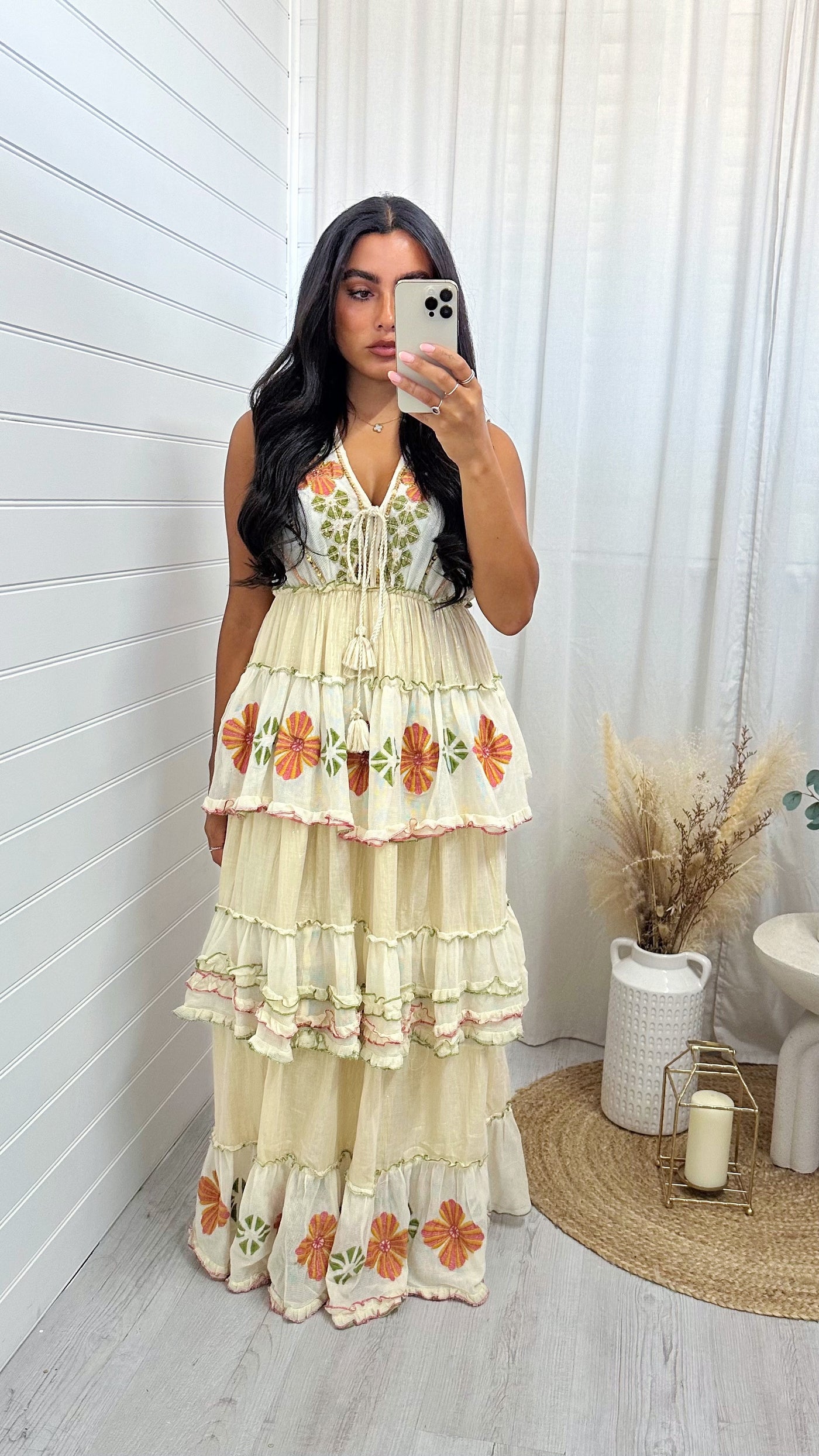 Floral Embellished Frill Maxi Dress - CREAM