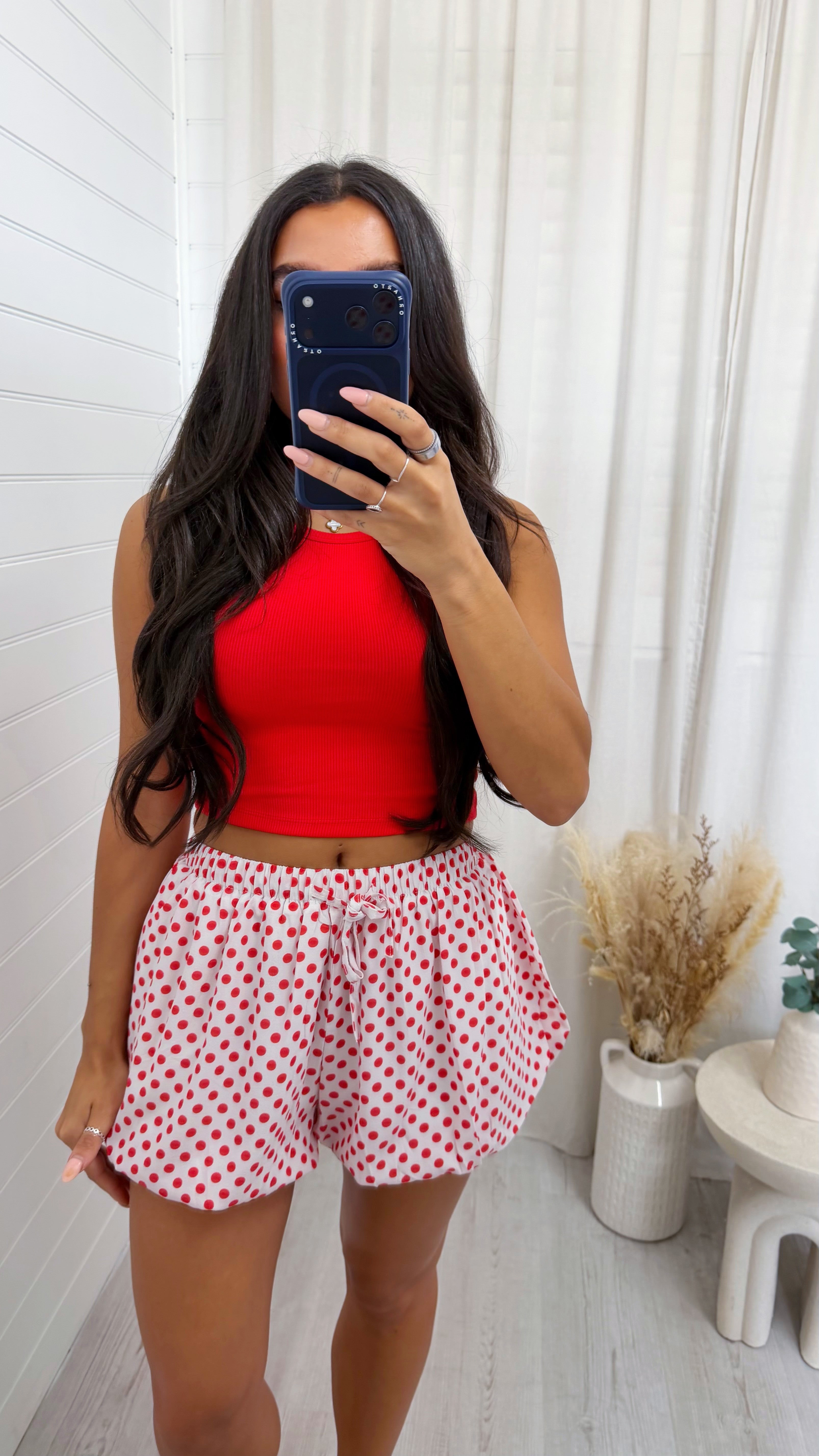 Polka Dot Puff Ball Shorts - WHITE/RED