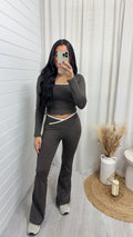 Long Sleeve Top and Wrap Over Flares Gym Set - BROWN
