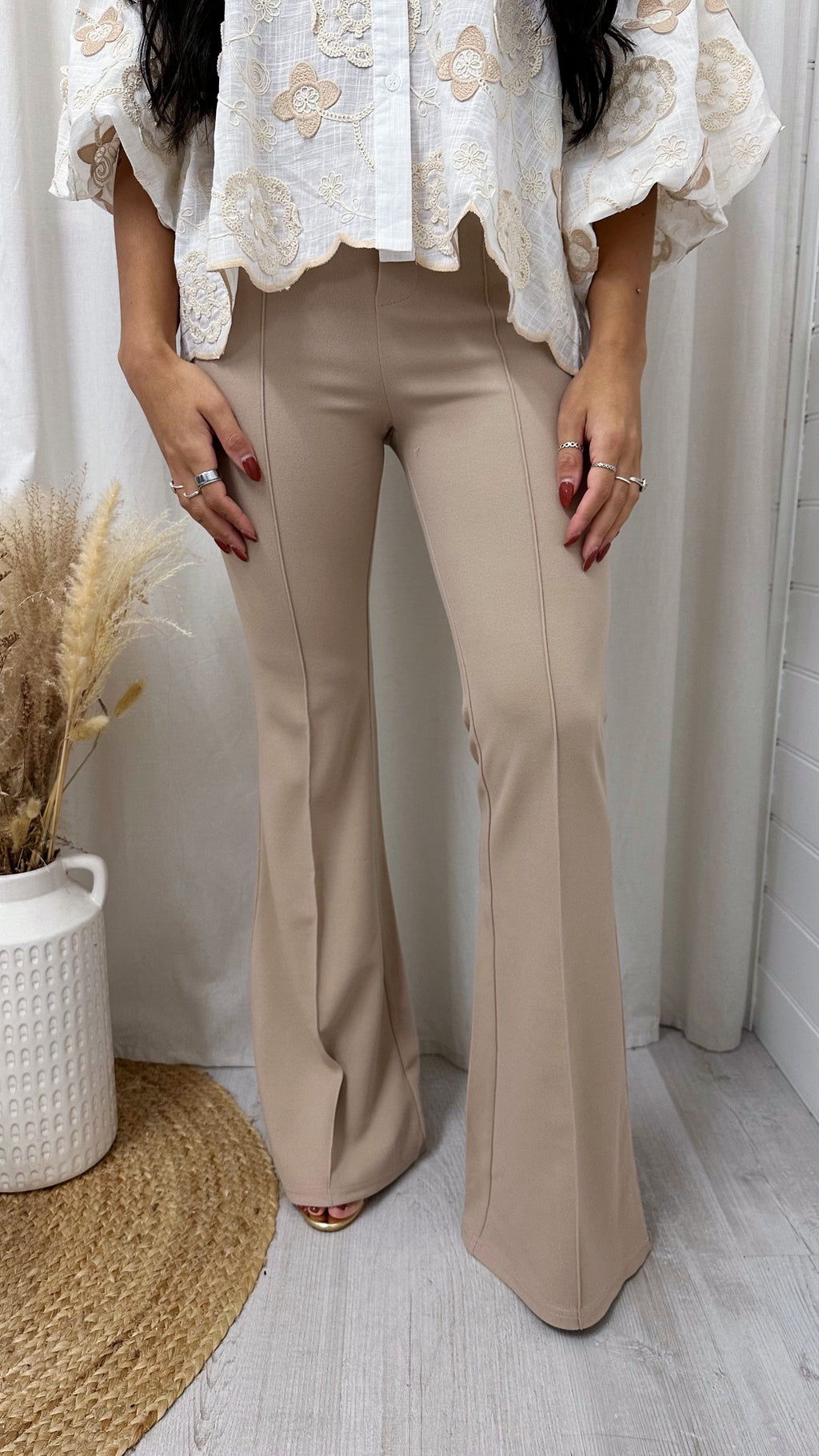 Seam Front Flared Slim Fit Trousers - BEIGE