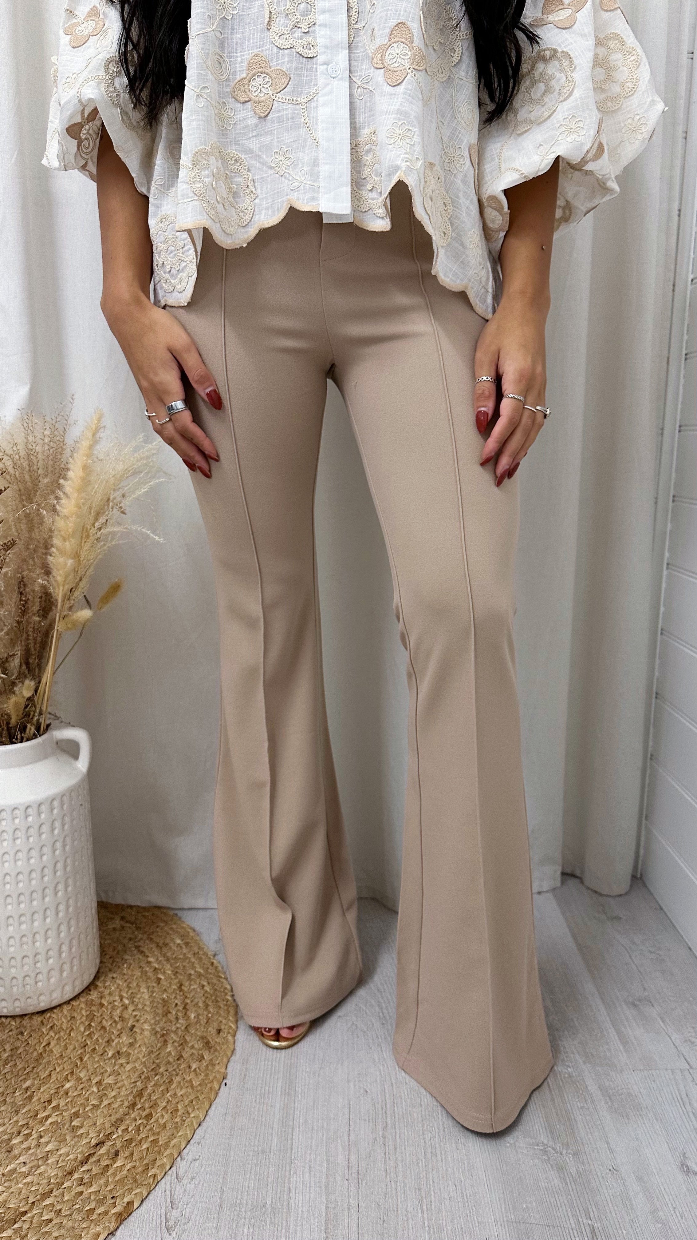 Seam Front Flared Slim Fit Trousers - BEIGE
