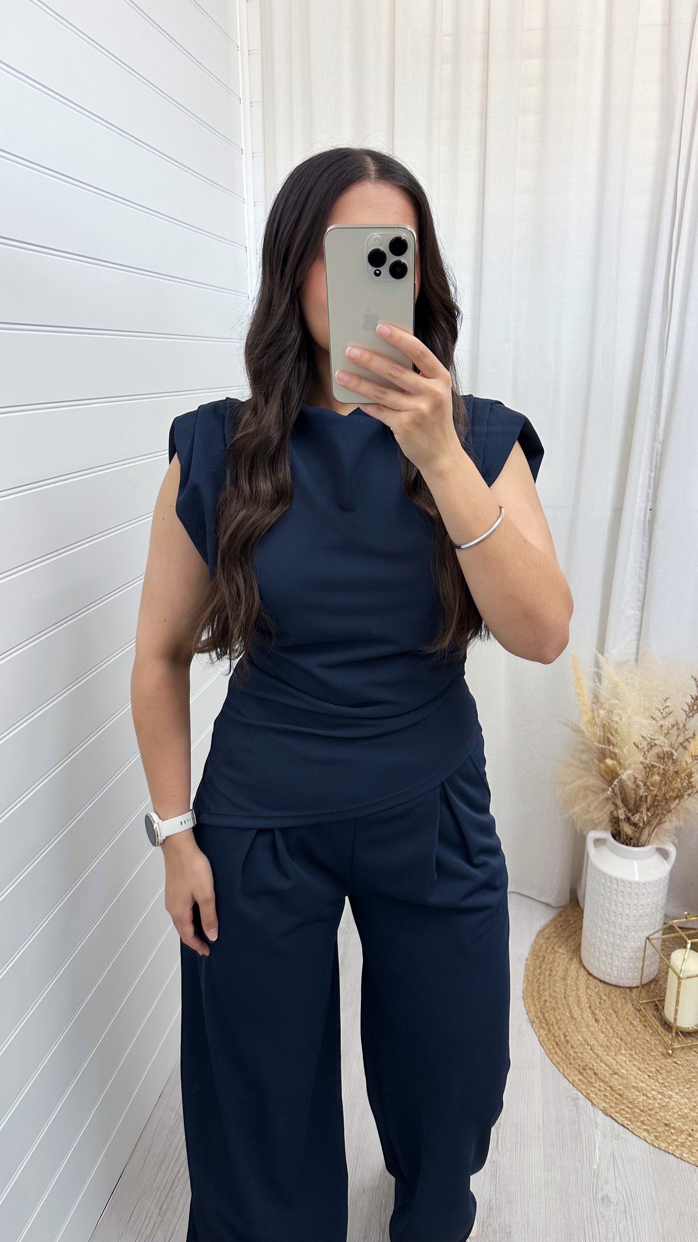 Asymmetrical Top and Wide Leg Trousers Co-Ord - NAVY