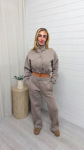 Funnel Neck Crop Jacket and Joggers Tracksuit - DOVE GREY