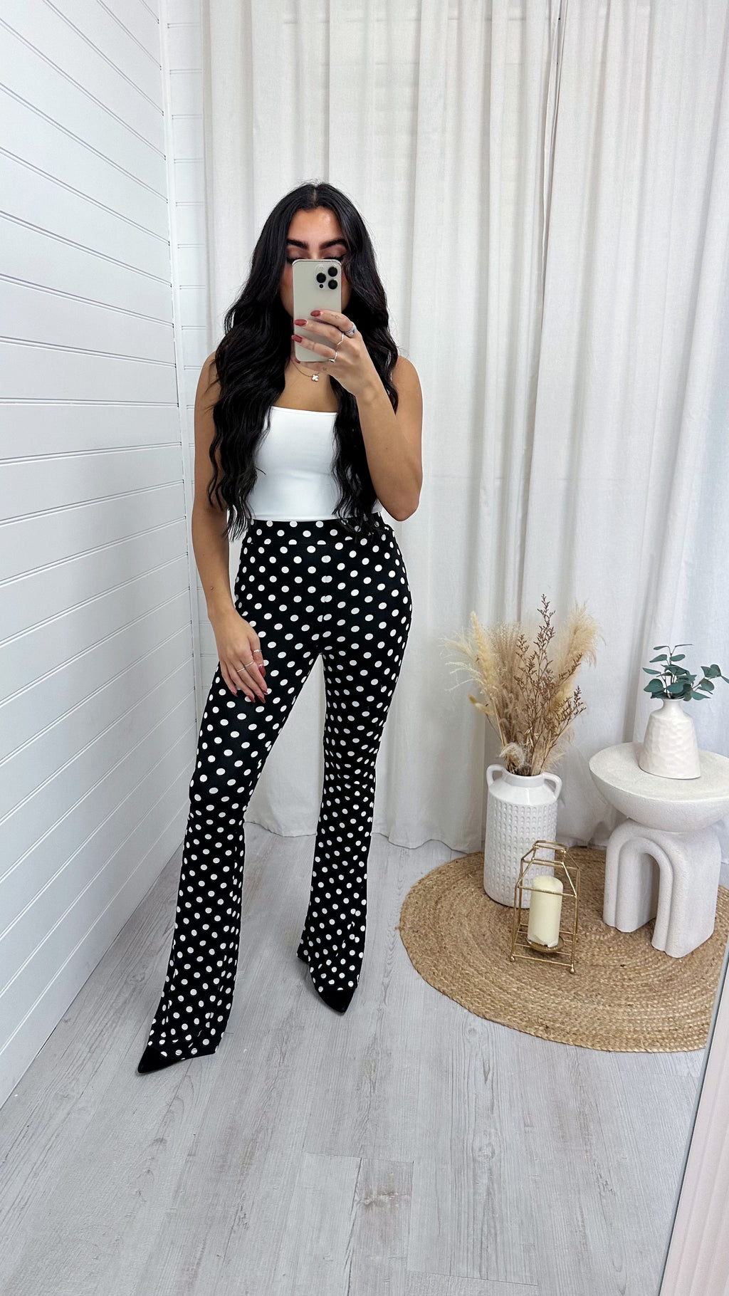 High Waisted Polka Dot Stretchy Flares - BLACK