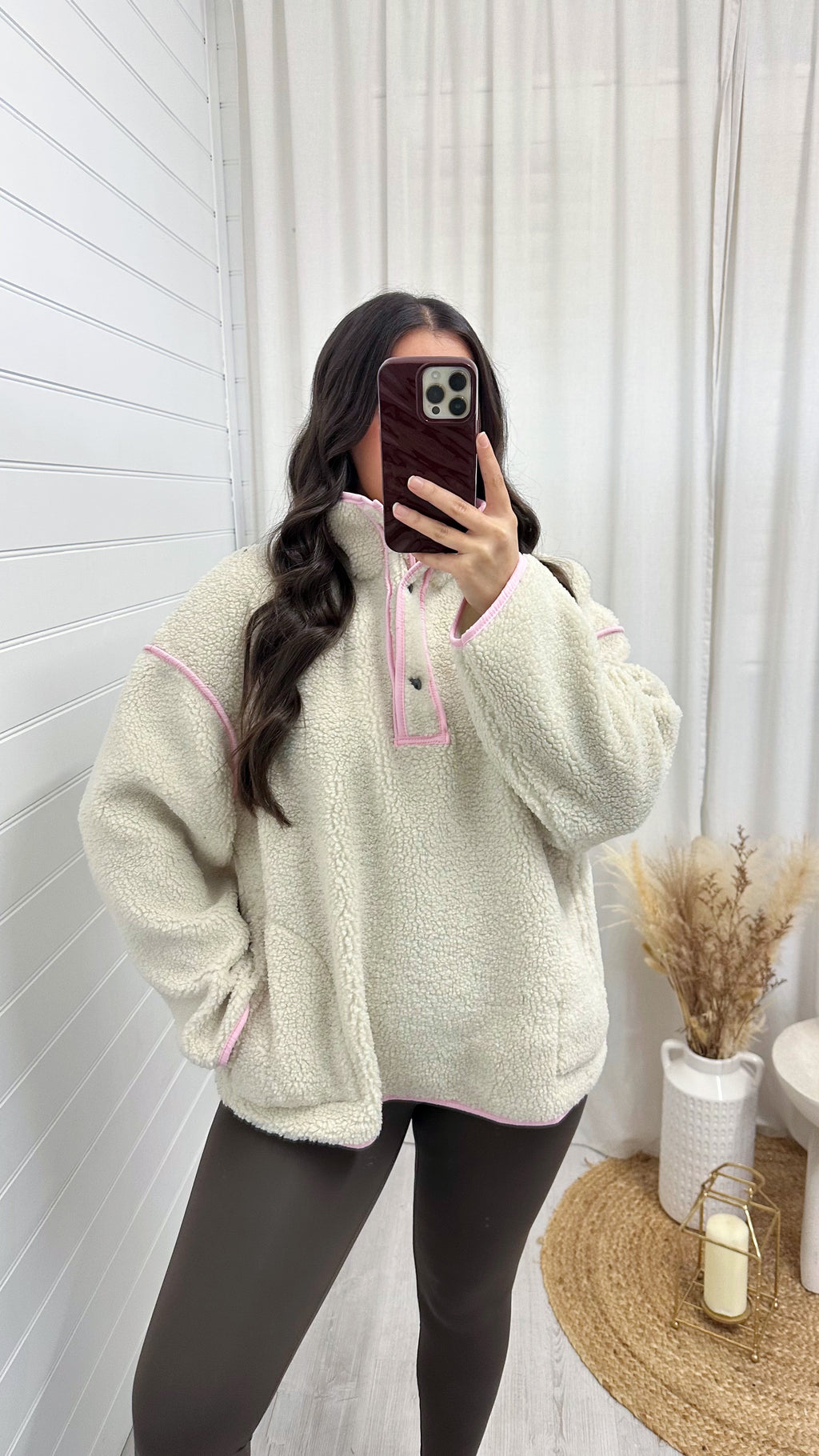 Borg Contrast Seam Sweatshirt - CREAM/PINK