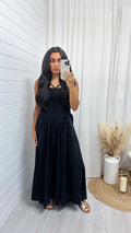 Shirred Halter Neck Maxi Dress - BLACK