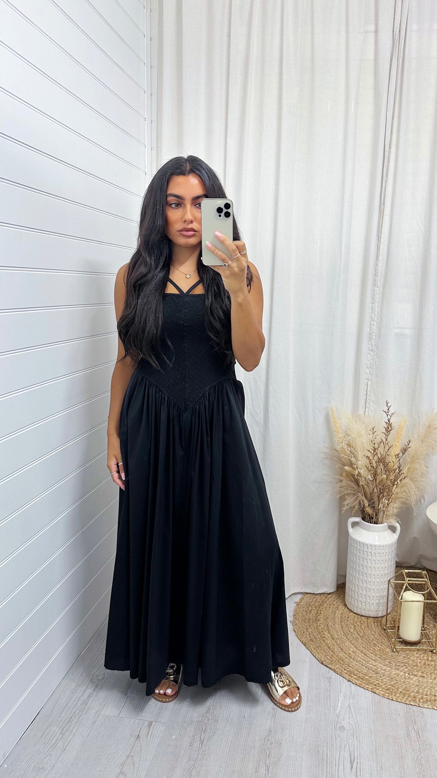Shirred Halter Neck Maxi Dress - BLACK