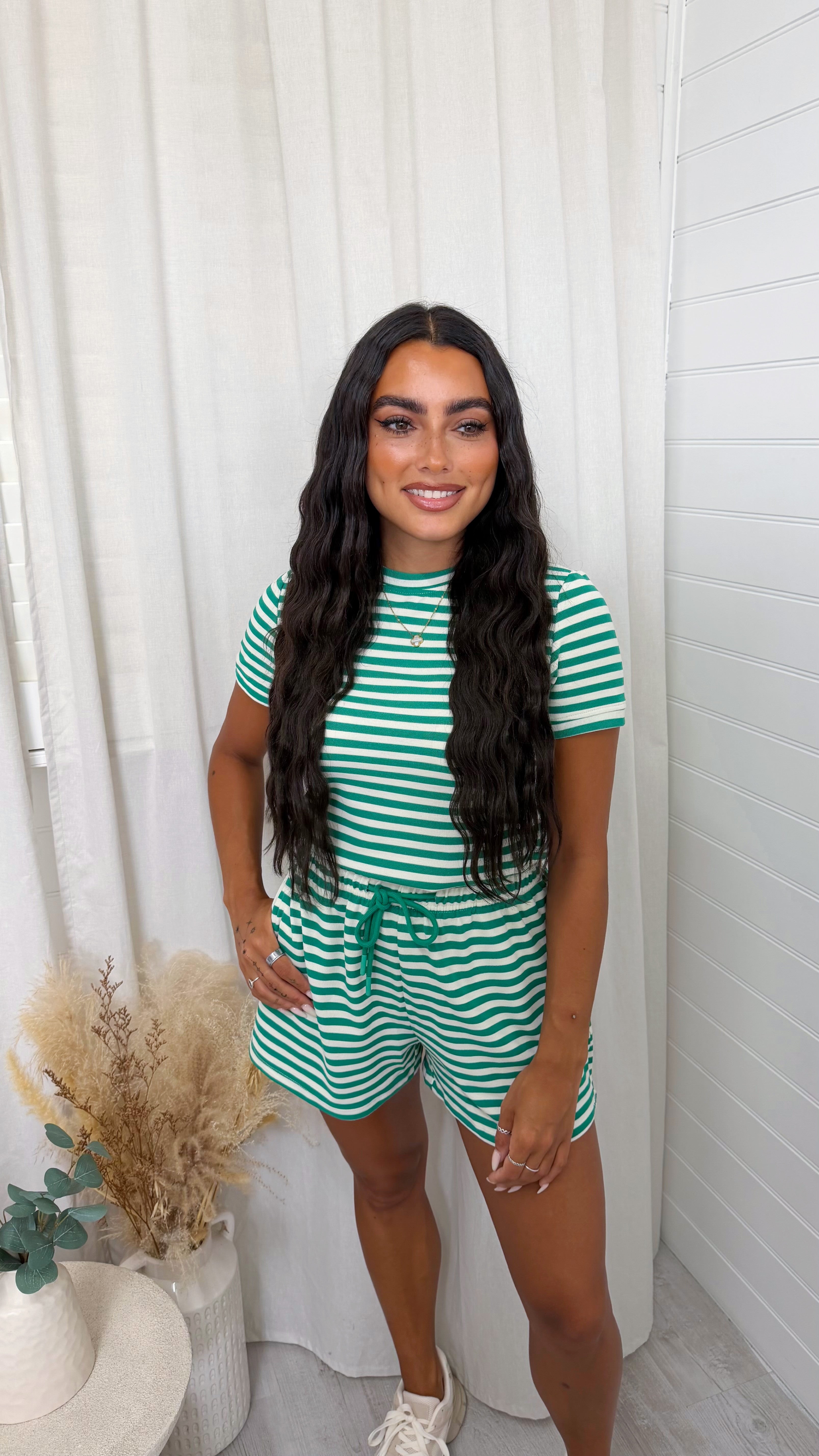 Colour Block Stripe T-Shirt and Shorts Co-Ord - GREEN