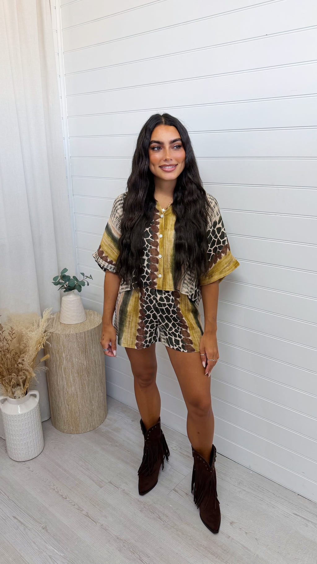 Reptile Print Crop Shirt and Shorts Co-Ord - MUSTARD
