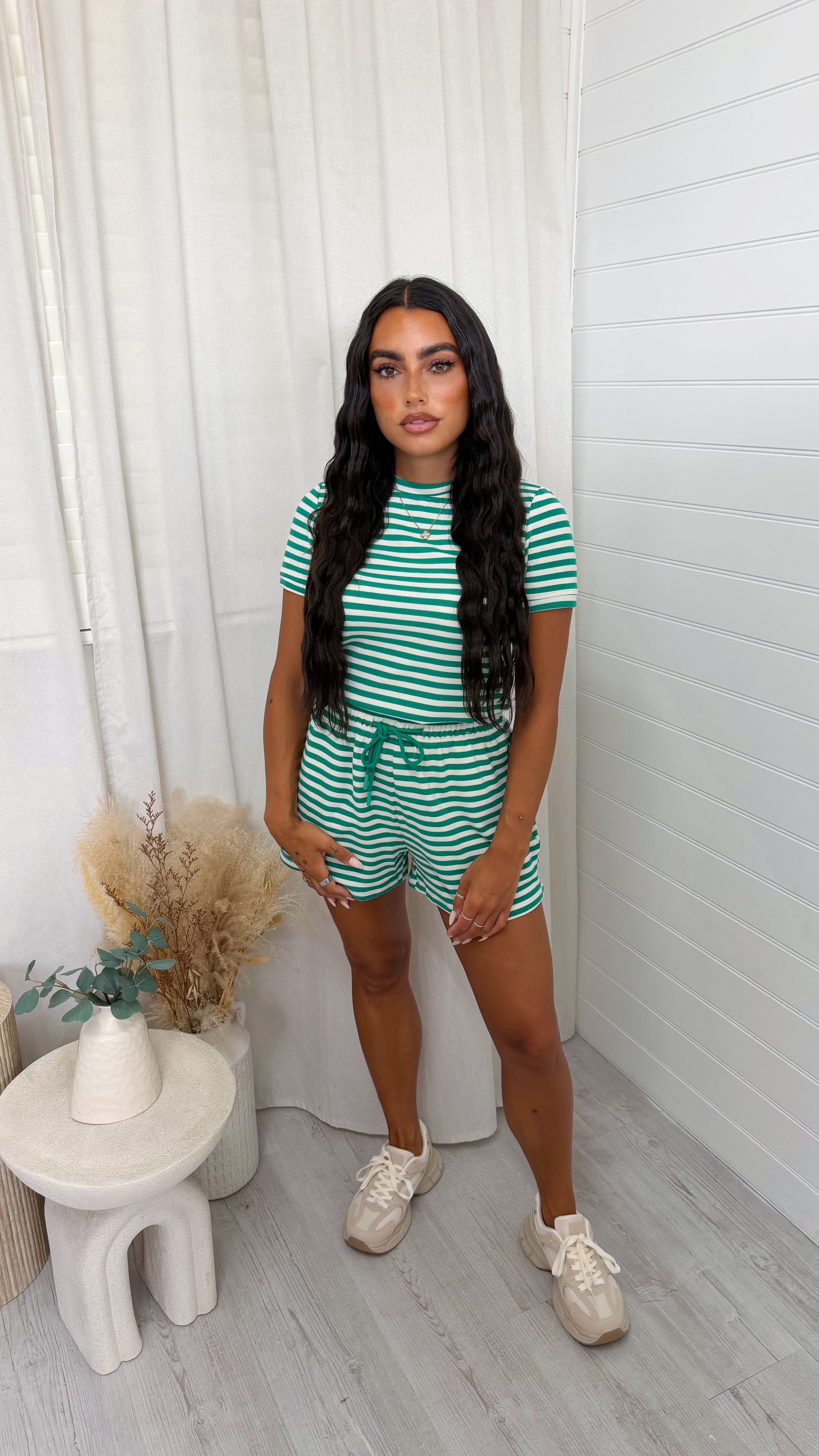 Colour Block Stripe T-Shirt and Shorts Co-Ord - GREEN