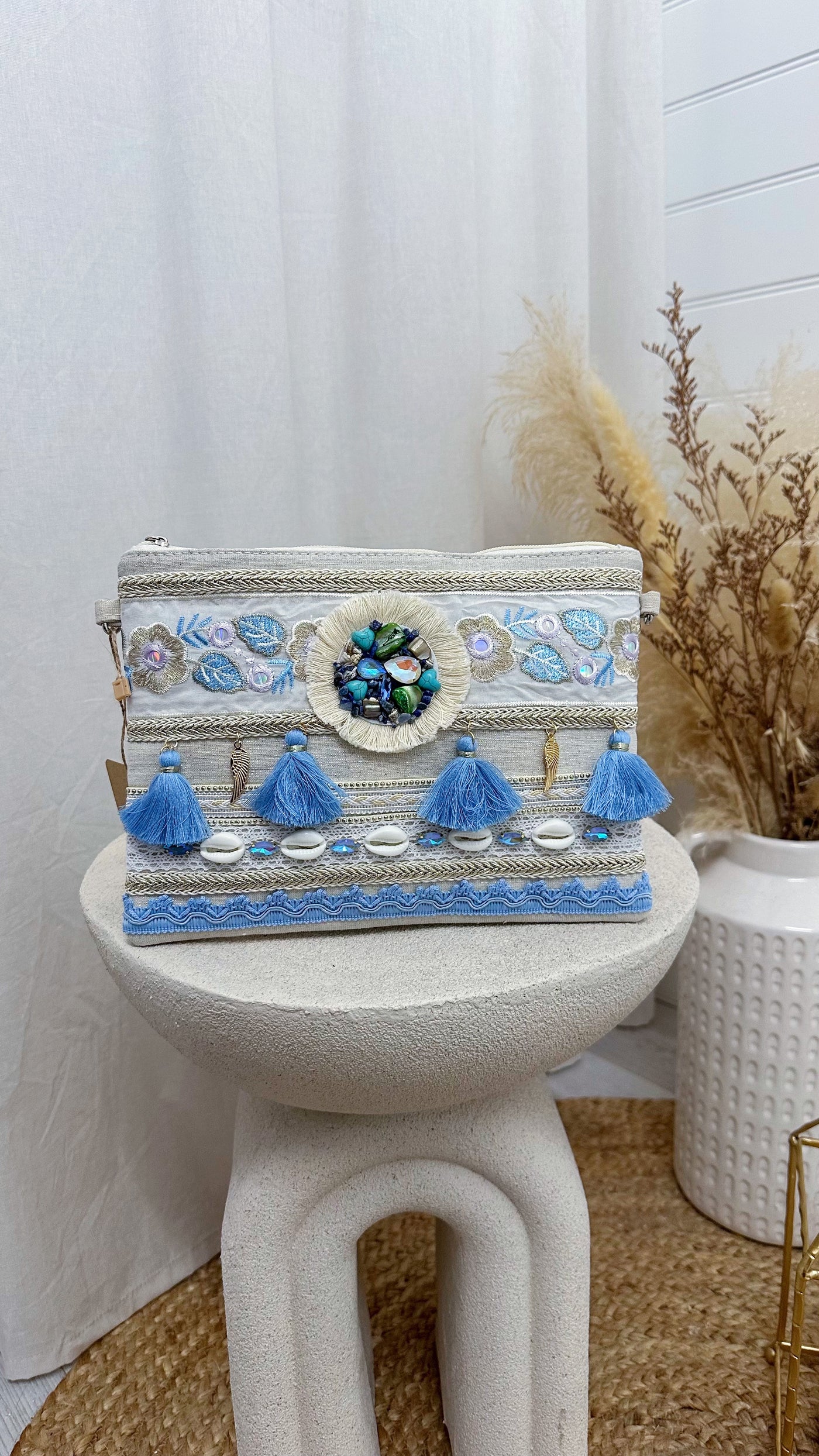 Blue Tassel Boho Clutch Bag
