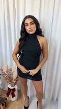 Halter Neck Ruched Rhinestone Dress - BLACK