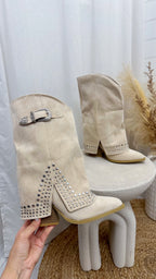 Silver Stud Fold Over Cowboy Boots - BEIGE