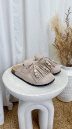 Beaded Tassel Suede Mules - LIGHT BEIGE