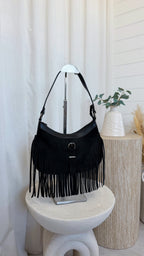 Suede Fringe Shoulder Bag - BLACK
