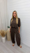 Gathered T-Shirt and Balloon Trousers Co-Ord - BROWN