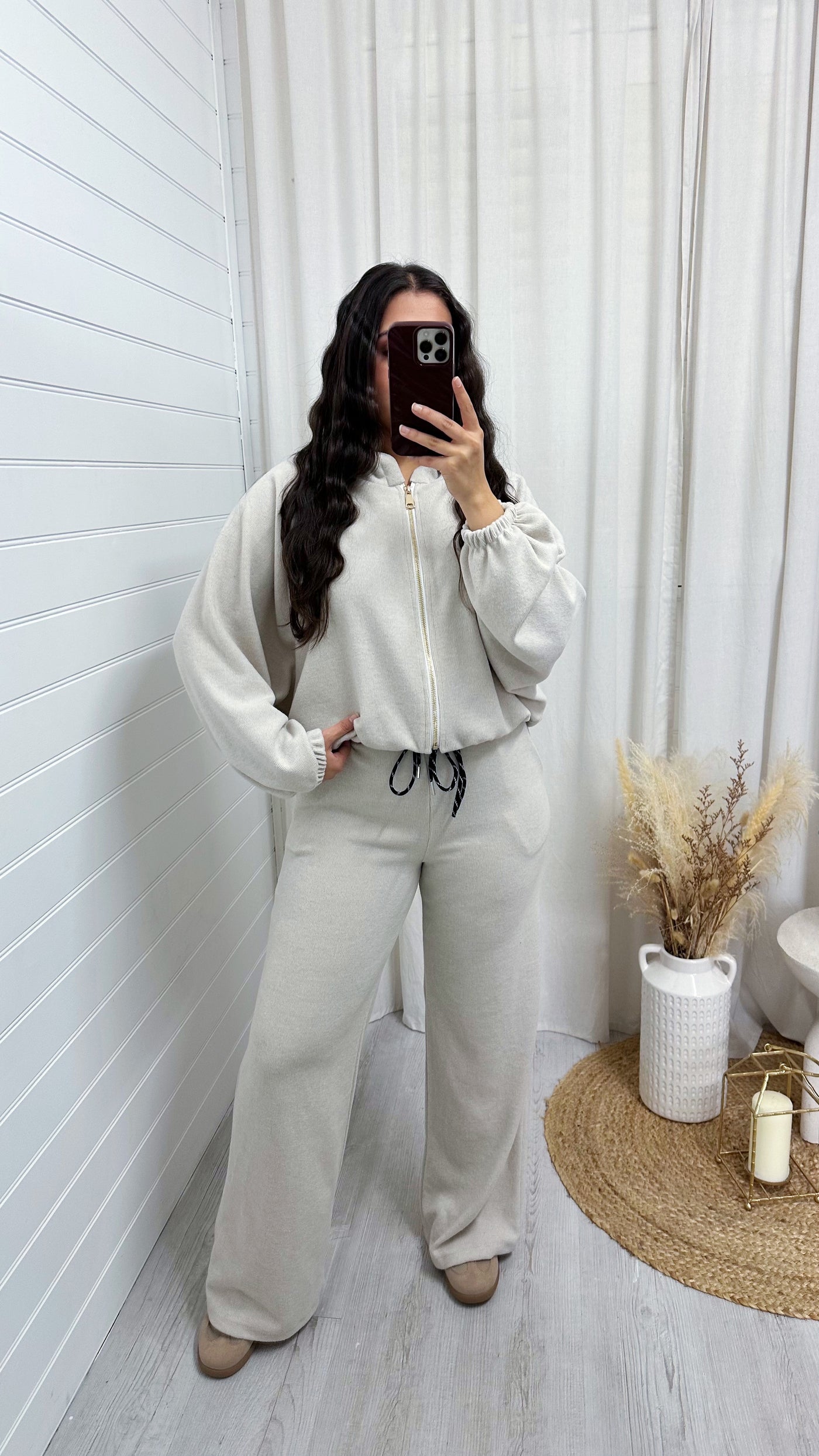 Shimmery Knitted  Bomber Jacket and Joggers Co-Ord - CREAM