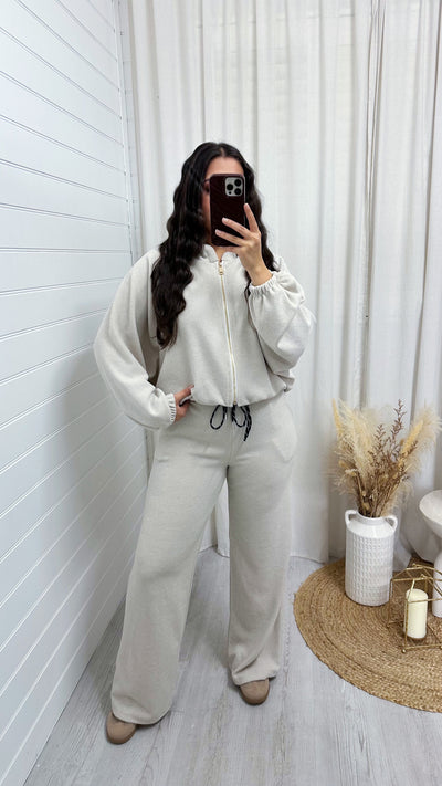 Shimmery Knitted  Bomber Jacket and Joggers Co-Ord - CREAM